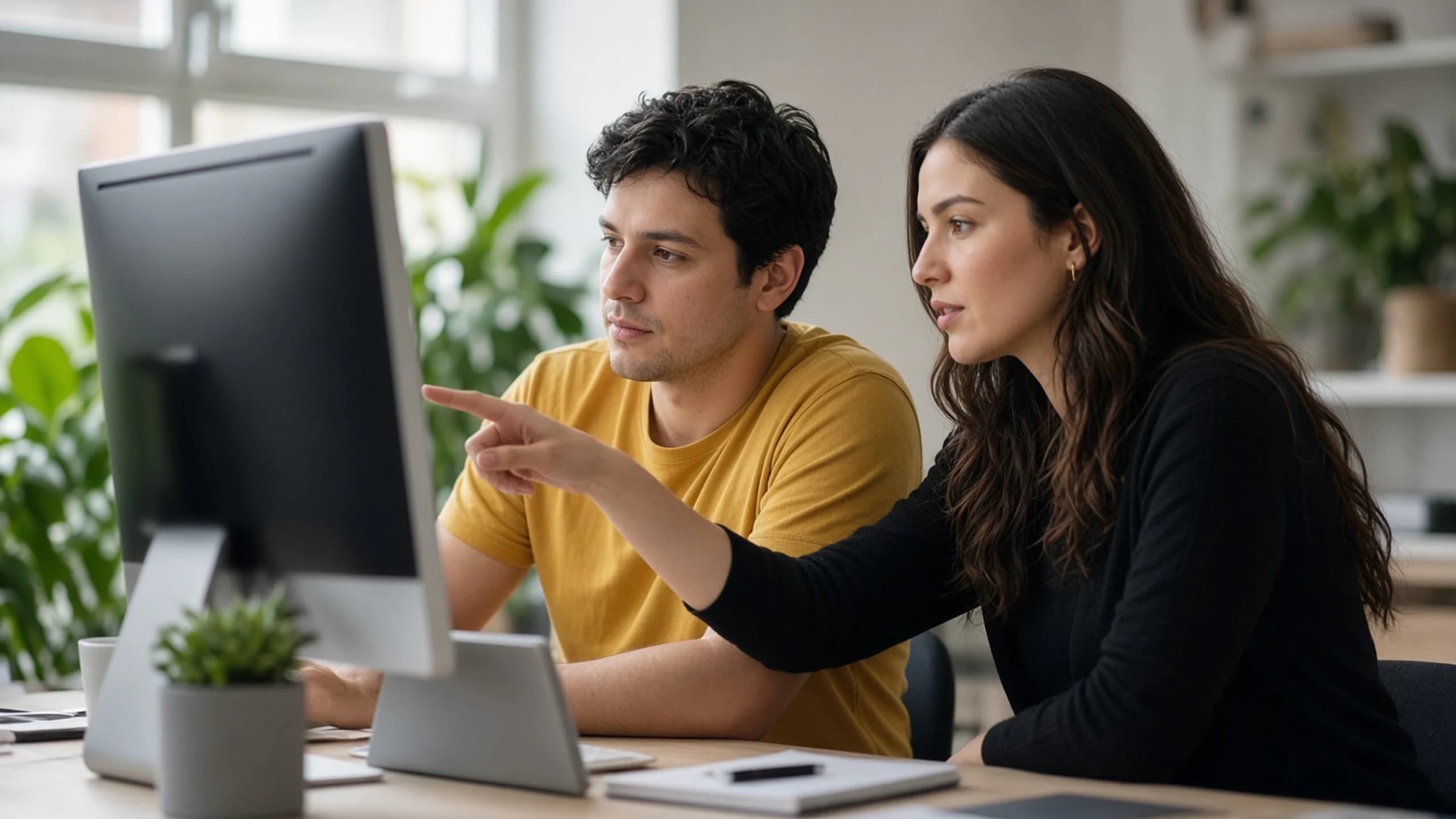 Two professionals reviewing a design on a desktop computer